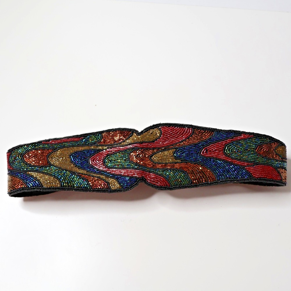 L Regal‎ Beaded Cummerbund Belt M Womens Vtg 80s Hook & Loop Rainbow Glamoratti